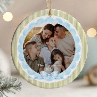 Ornamento De Cerâmica Foto de Natal em Verde Salvia e Azul Claro