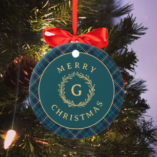 Ornamento De Cerâmica Foto de Natal em Xadrez Clássico Monograma Verde E
