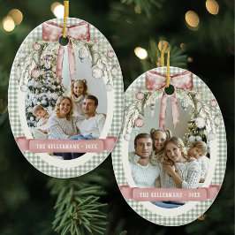 Ornamento De Cerâmica Foto de Natal em Xadrez Verde Aquarela