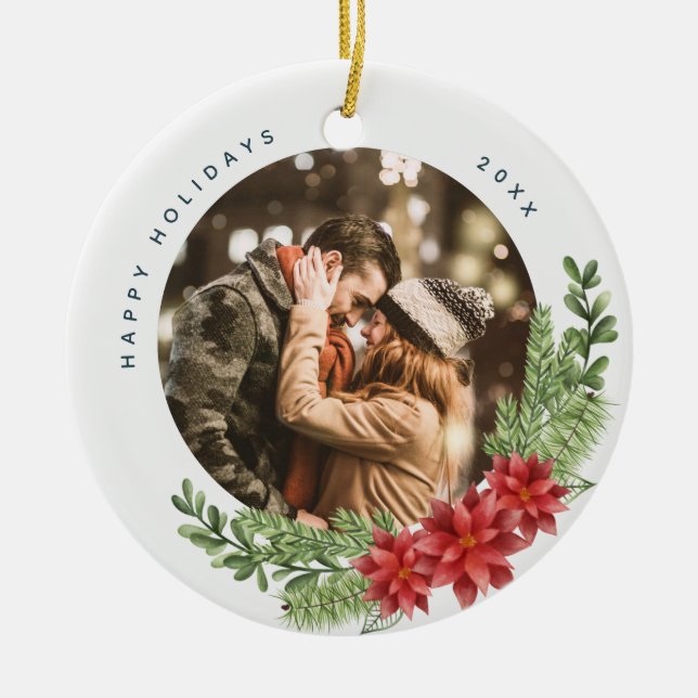 Ornamento De Cerâmica Foto de Natal Evergreen e Poinsettia (Frente)