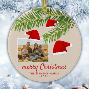 Ornamento De Cerâmica Foto de Natal Feliz e Feliz Pine de Chapéu