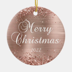 Ornamento De Cerâmica Foto de Natal Feliz, Folha de Rosa ouro e de cerâm