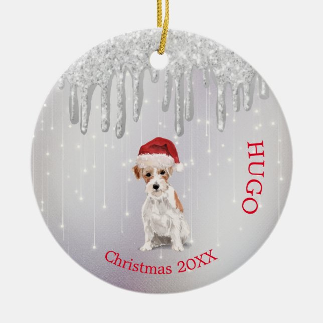 Ornamento De Cerâmica Foto de Natal Jack Russell Dog Santa Hat (Frente)