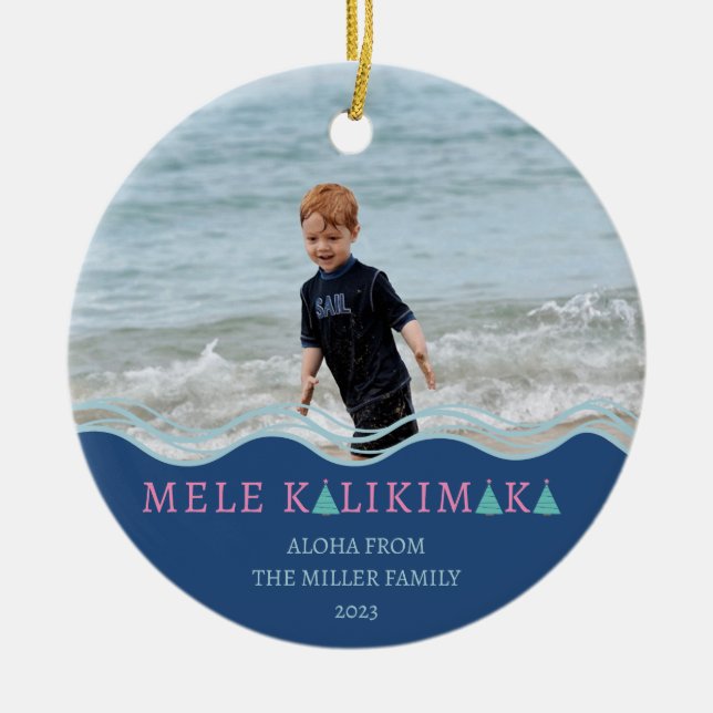Ornamento De Cerâmica Foto de Natal Mele Kalikimaka (Frente)