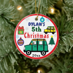 Ornamento De Cerâmica FOTO de Natal Menino Carros Verde Amarelo