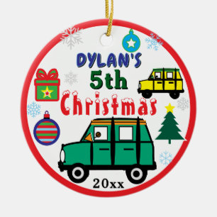 Ornamento De Cerâmica FOTO de Natal Menino Carros Verde Amarelo