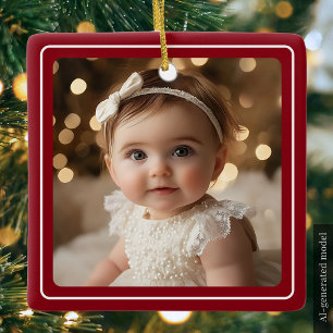 Ornamento De Cerâmica Foto de Natal minimalista do Red Modern Baby