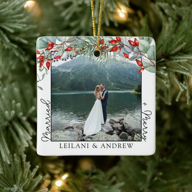 Ornamento De Cerâmica Foto de Natal recente e Watercolor Holly (Árvore)