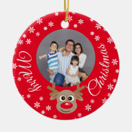 Ornamento De Cerâmica Foto de Natal Red Cute Reindeer White Script