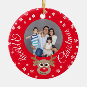 Ornamento De Cerâmica Foto de Natal Red Cute Reindeer White Script