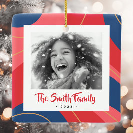 Ornamento De Cerâmica Foto de Natal retrógrada azul-rosa-vermelha