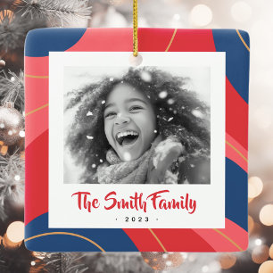 Ornamento De Cerâmica Foto de Natal retrógrada azul-rosa-vermelha