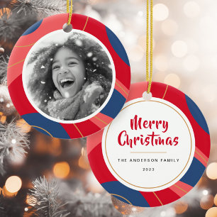 Ornamento De Cerâmica Foto de Natal retrógrada azul-rosa-vermelha