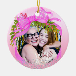 Ornamento De Cerâmica Foto de Natal rosa brilhante Fita Rosa