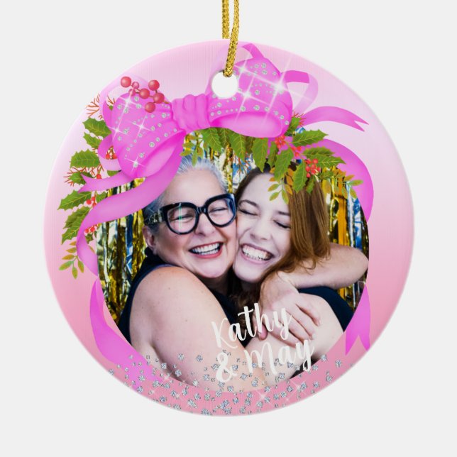 Ornamento De Cerâmica Foto de Natal rosa brilhante Fita Rosa (Frente)