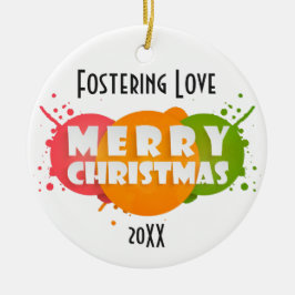 Ornamento De Cerâmica Foto de Natal rosa, laranja e verde feliz