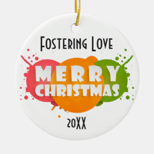 Ornamento De Cerâmica Foto de Natal rosa, laranja e verde feliz