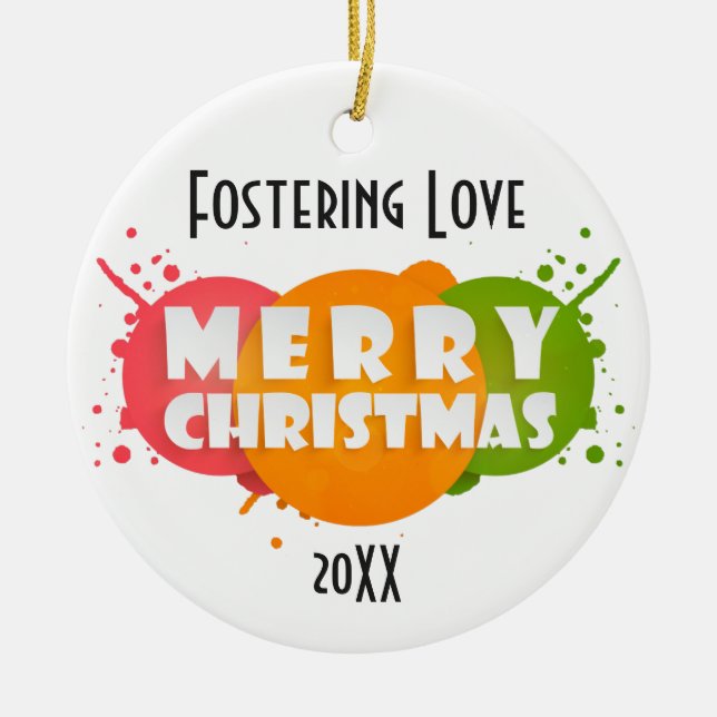 Ornamento De Cerâmica Foto de Natal rosa, laranja e verde feliz (Frente)