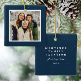 Ornamento De Cerâmica Foto de Natal simples com moldura azul de marinho