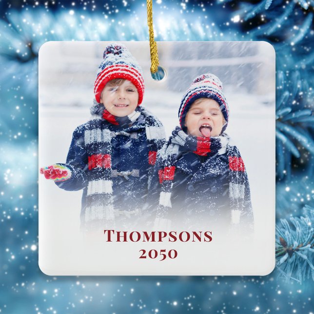 Ornamento De Cerâmica Foto de Natal Simples Floco de Neve Vermelho Fresc (Christmas photo ornament with a full bleed photo template with red block style editable lettering. )