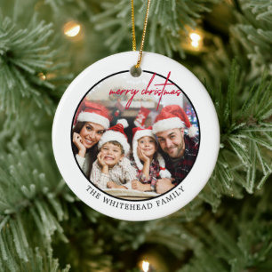 Ornamento De Cerâmica Foto de Natal Simples Red Merry