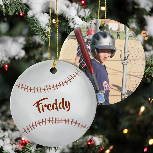 Ornamento De Cerâmica Foto de Natal Simples sobre Baseball Sports (Baseball Photo Personalized Ornament.)