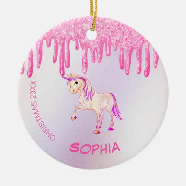 Ornamento De Cerâmica Foto de Natal Unicorn Rosa Glitter Girly (Frente)