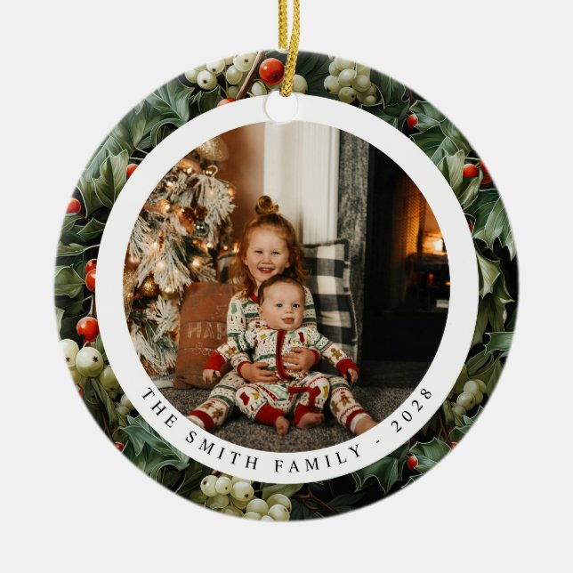 Ornamento De Cerâmica Foto de Natal Verde Tradicional (Frente)