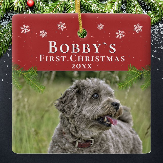 Ornamento De Cerâmica Foto de Natal Vermelho e Cupado de Natal (Criador carregado)