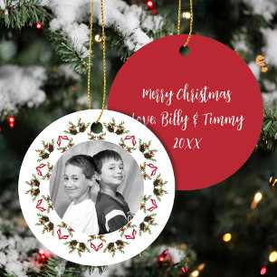 Ornamento De Cerâmica Foto de Natal Vermelho e Verde, Personalizada