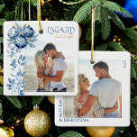 Ornamento De Cerâmica Foto de noivado Engaged & Bright 2 Square<br><div class="desc">Enfeite de foto Engaged and Bright - perfeito para presente de noivado ou primeiro Natal do casal! O design apresenta enfeites azuis de bolha com folhagem de inverno delicada para enquadrar sua foto e é elegantemente escrito com Engaged and Bright. O outro lado do enfeite tem uma segunda foto emoldurada...</div>
