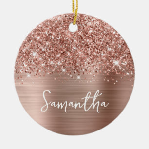 Ornamento De Cerâmica Foto de Nome Glam em Dourado Rosa Espelhante
