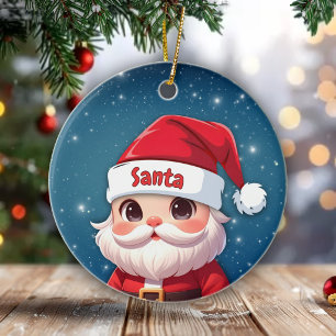 Ornamento De Cerâmica Foto de Perfil do Papai Noel Azul Brilhante de Nat
