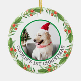 Ornamento De Cerâmica Foto de Pet de Wreath Vermelha e Verde de Natal