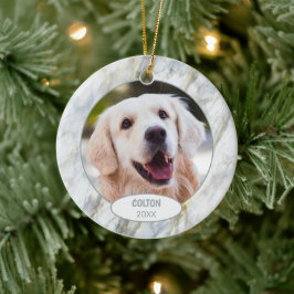 Ornamento De Cerâmica Foto de Pet Fofa Personalizada 1º Natal em Mármore