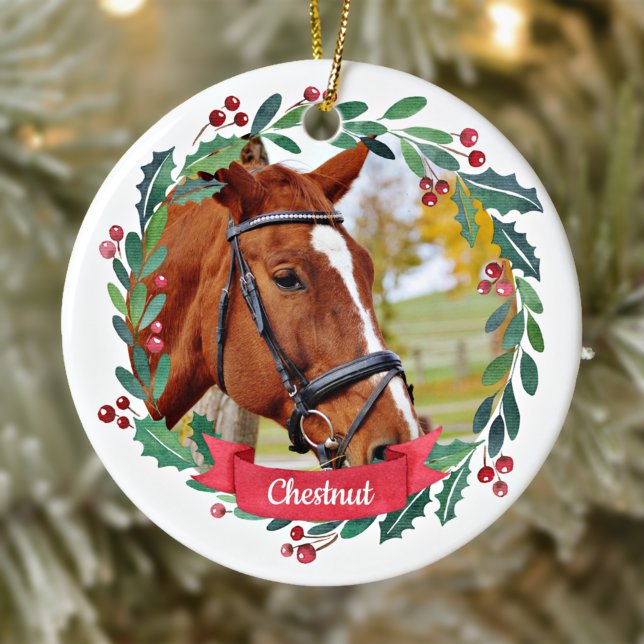 Ornamento De Cerâmica Foto de Pet Horse Personalizada Wreath Wreath Nata (Criador carregado)