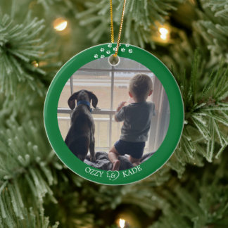 Ornamento De Cerâmica Foto de Pet Infantil Personalizada Verde-Natal