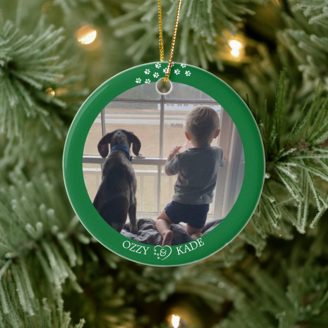Ornamento De Cerâmica Foto de Pet Infantil Personalizada Verde-Natal (Árvore)