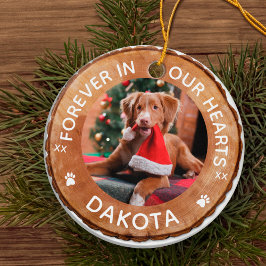 Ornamento De Cerâmica Foto de Pet Memorial Rustic Woodgrain Slice