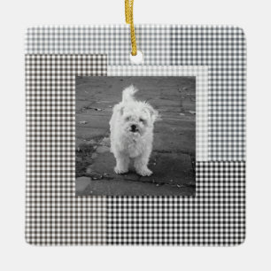 Ornamento De Cerâmica FOTO DE Pet NOME ANO Gingham Neutro Clássico