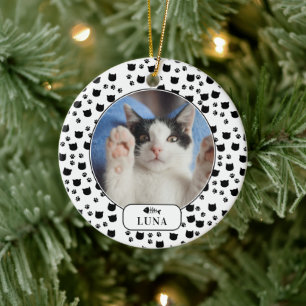 Ornamento De Cerâmica Foto de Pet Personalizada de Gato e Pawprint
