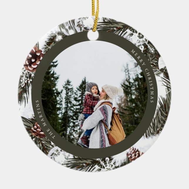 Ornamento De Cerâmica Foto de Pine e Baubles (Frente)