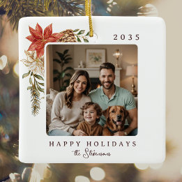 Ornamento De Cerâmica Foto de Poinsettia sobre Feriados Felizes Elegante