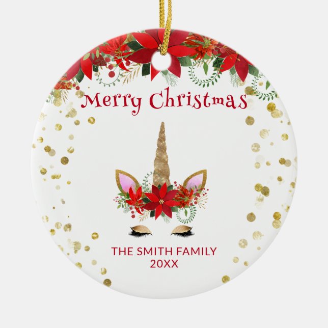 Ornamento De Cerâmica Foto de Poinsettia Unicorn com Natal Vermelho (Frente)