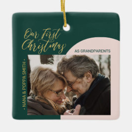 Ornamento De Cerâmica Foto de Primeiro Natal Verde, Rosa e Dourada Moder