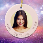 Ornamento De Cerâmica Foto de rosa ouro de aniversário<br><div class="desc">Um ornamento para um aniversário de 21 ruas (ou qualquer idade) feminino e glamouroso. Um rosa dourado,  fundo rosa. Personalize e adicione uma foto,  idade e data. Texto rosa dourado escuro. Perfeito como decoração de festas,  favor,  guardar ou como presente.</div>
