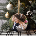 Ornamento De Cerâmica Foto de Sobreposição de Script de Amor<br><div class="desc">Crie uma doce lembrança do seu casamento,  lua de mel ou momento especial com este belo ornamento personalizado. Adicione uma foto de casamento favorita a cada lado com "amor" sobreposto em letras caligraficas modernas estilo branco e manuscrito.</div>
