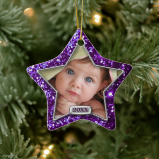 Ornamento De Cerâmica Foto de Sparkle Star Purple/Silver