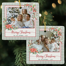 Ornamento De Cerâmica Foto de Xadrez Gingham Verde Feliz Natal