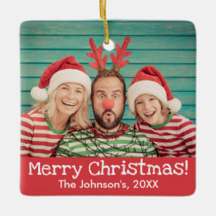 Ornamento De Cerâmica Foto divertida no Natal Vermelho Russo da Frente e